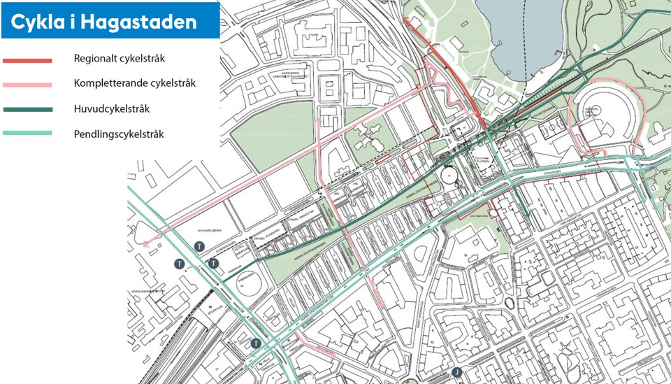 Karta där de olika typerna av cykelstråk visualiseras i olika färger.