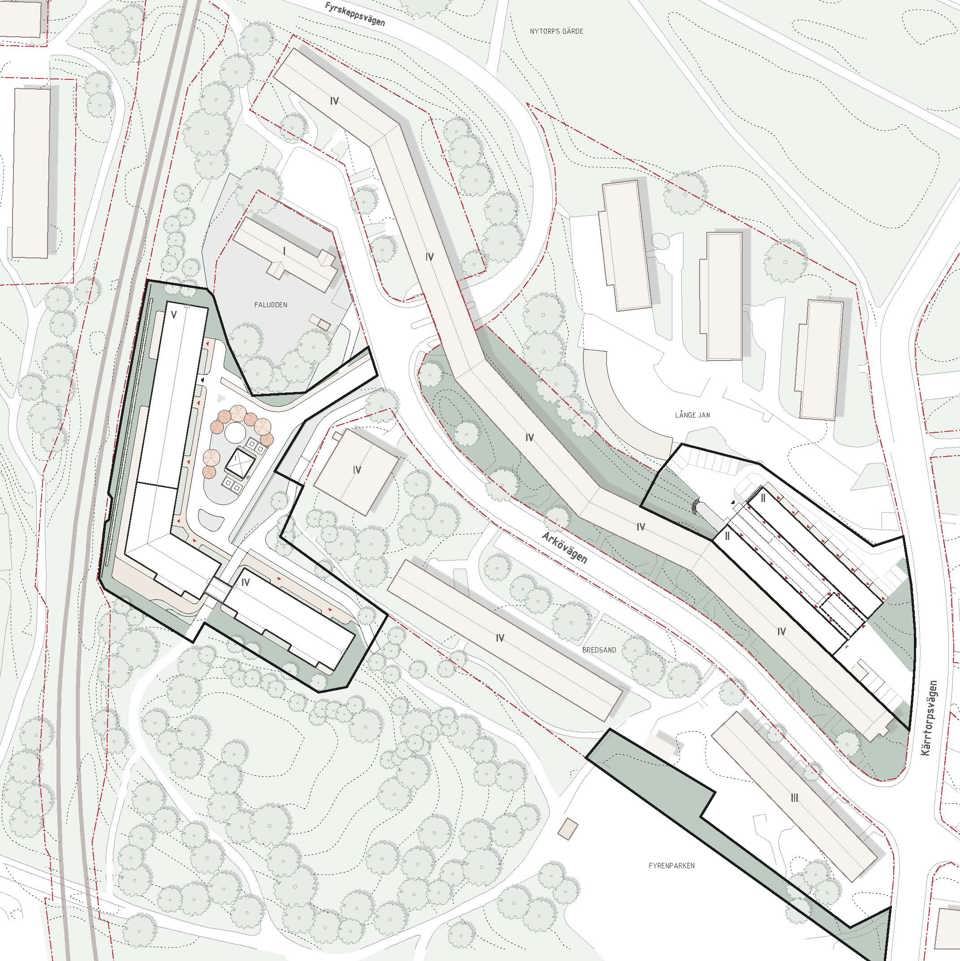 Översikt över området med ny bebyggelse utritad, illustration.