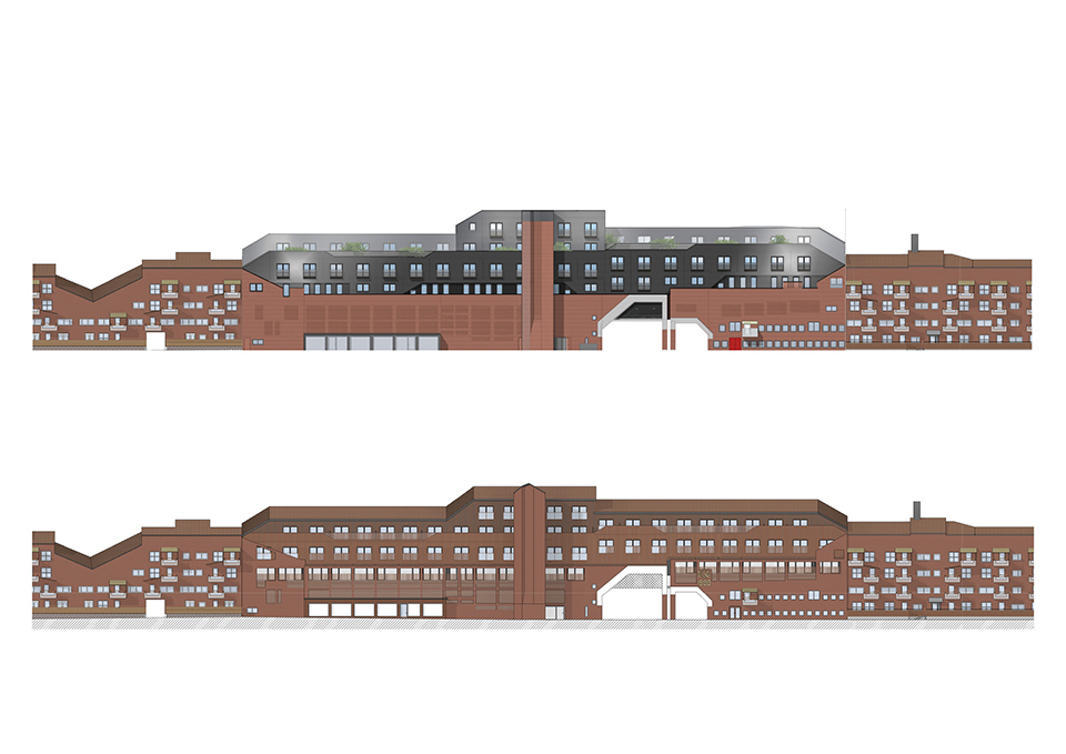 Två illustrationer som visar fasaden till ett stort fyrvåningshus i två olika utföranden.
