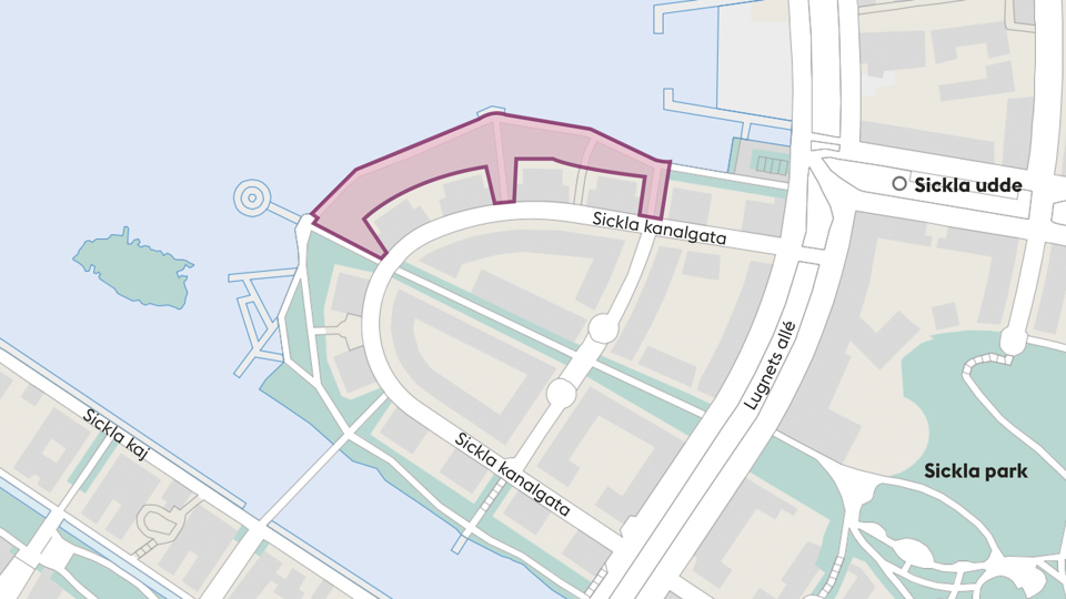 Åtgärdsområdet sträcker sig längs den norra delen av Sickla kanalgata.