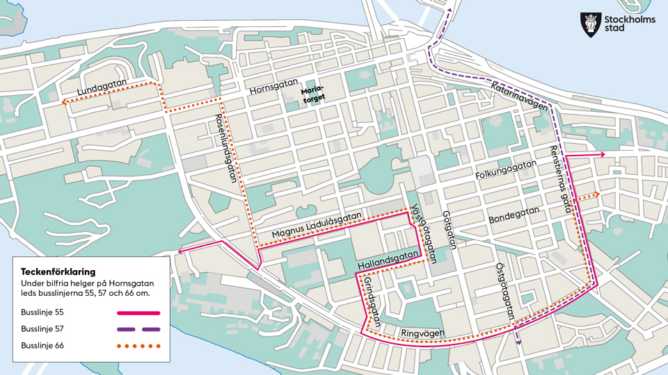 Omdragning av busslinjer på Södermalm, karta.