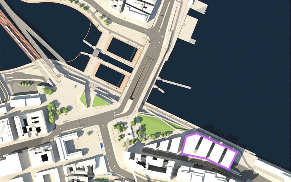 Illustration över Stadsgårdskajen med byggnader och vattnet som omger.