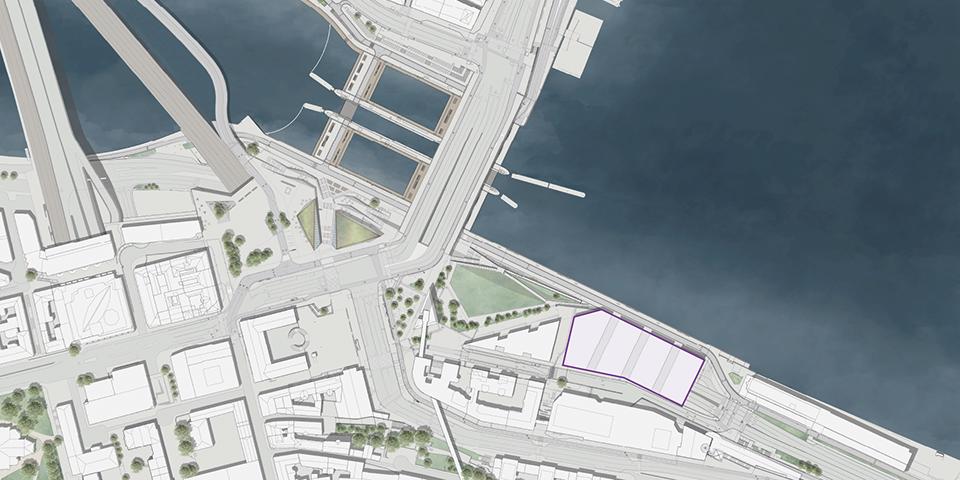 Illustration över nya Slussen och markering var Nobel Center byggs.