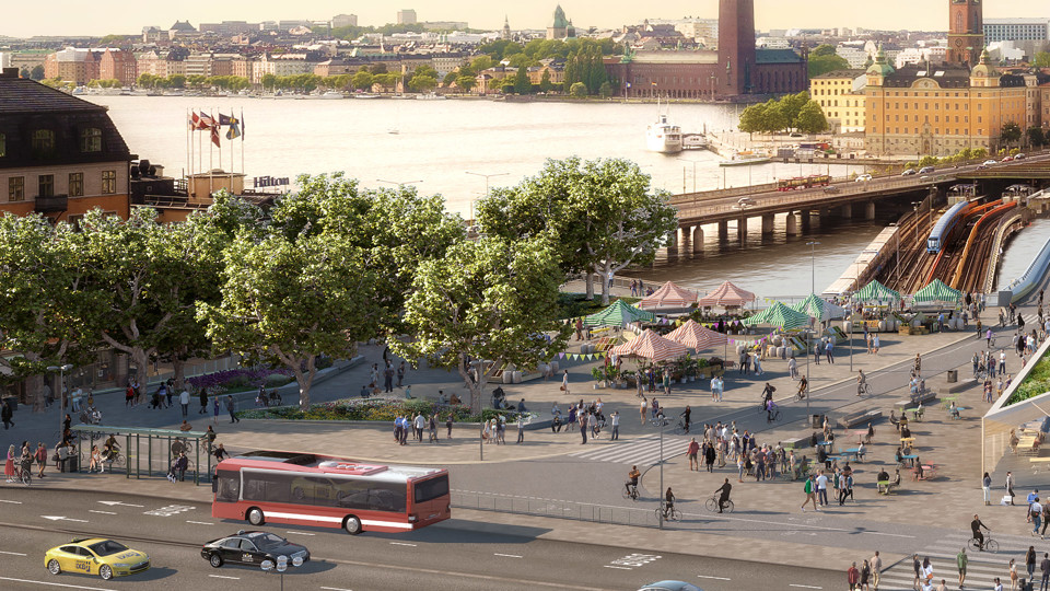 Renderingsbild av Södermalmstorg. Vy från söder mot norr. På torget finns träd, planteringar, torgstånd och uteserveringar. 