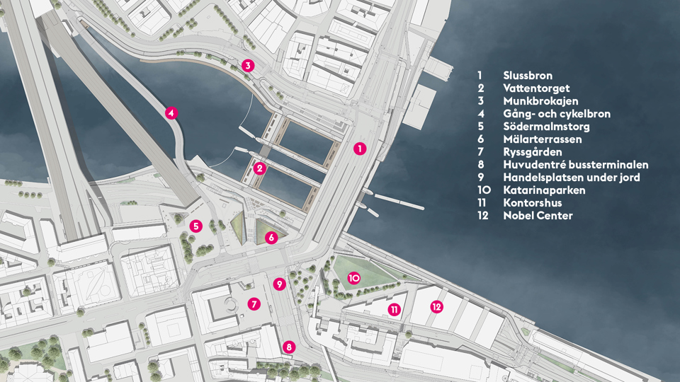 Illustration över Slussenområdet. Siffror markerar de nya platserna i området. 1 Slussbron, 2 Vattentorget, 3 Munkbrokajen, 4 Gång- och cykelbron, 5 Södermalmstorg, 6 Mälarterrassen, 7 Ryssgården, 8 Huvudentré bussterminalen, 9 Handelsplatsen under jord, 10 Katarinaparken, 11 Kontorshus, 12 Nobel Center. 