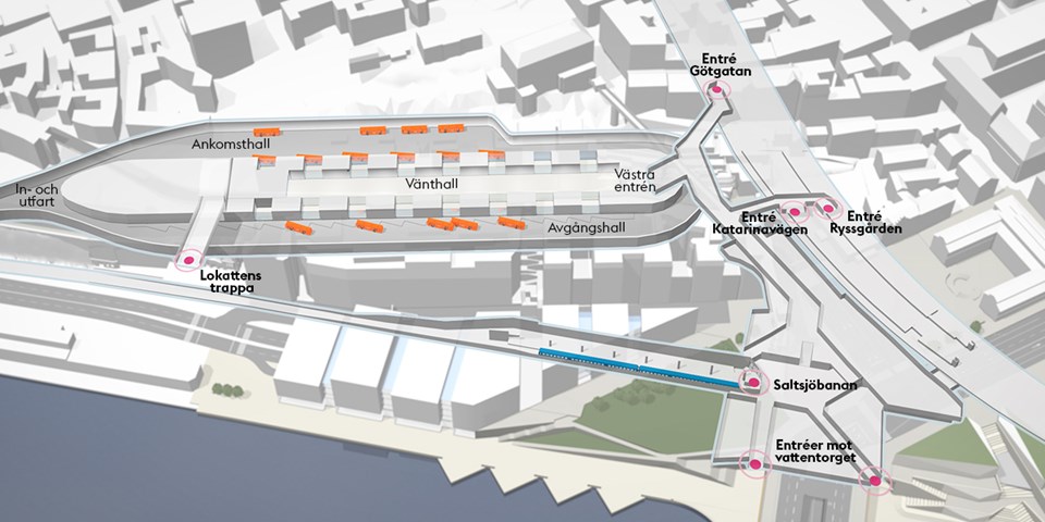 Illustrerad karta över den nya bussterminalens placering i Slussen.
