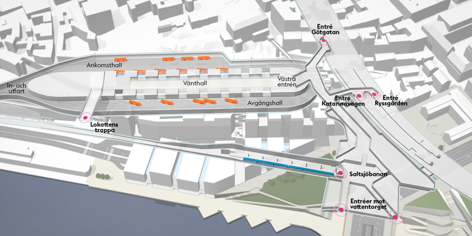 Illustrerad karta över den nya bussterminalens placering i Slussen.
