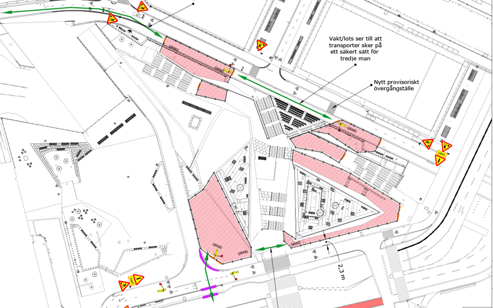 Trafikanordningsplan med ytor markerade i rosa, som är fortsatt arbetsområde efter den 6 juni 2025. 
