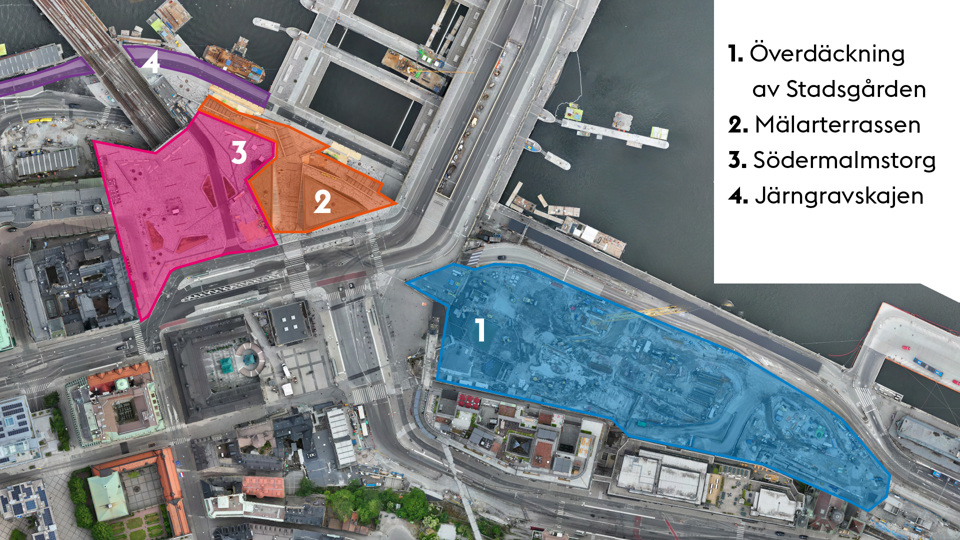 Karta över Slussen. Olika färger markerar projekt Slussens arbetsområden på land.