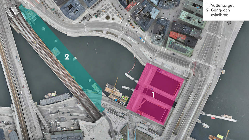 Flygfoto över Slussenområdet. Rosa markering visar var arbete på Vattentorget pågår och grön markering visar arbete med en gång- och cykelbro.