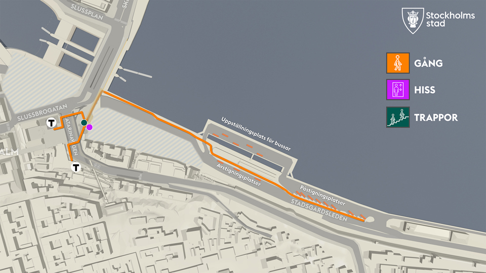 Karta över den nya tillfälliga bussterminalen vid Slussen. Orange linje visar gångväg mellan terminal och t-bana.