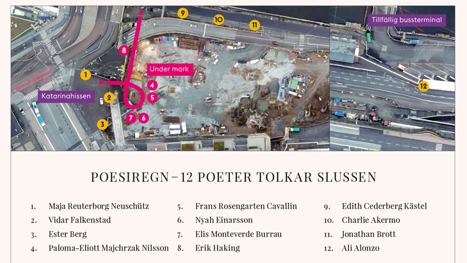 Poesiregn - 12 poeter tolkar Slussen. Flygfoto över Slussenområdet. Siffror 1-12 markerar var de olika poeternas verk finns att läsa. 1. Maja Reuterborg Neuschütz, 2. Vidar Falkenstad, 3. Ester Berg, 4. Paloma-Eliott Majchrzak Nilsson, 5. Frans Cavallin Rosengarten, 6. Nyah Einarsson, 7. Elis Monteverde Burrau, 8. Erik Haking, 9. Edith Cederberg Kästel, 10. Charlie Akermo, 11. Jonathan Brott, 12. Ali Alonzo 