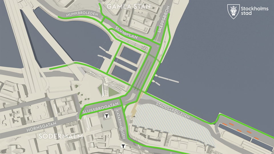 En karta över cykelstråken i Slussen. Gröna linjer markerar cykelbanor. 