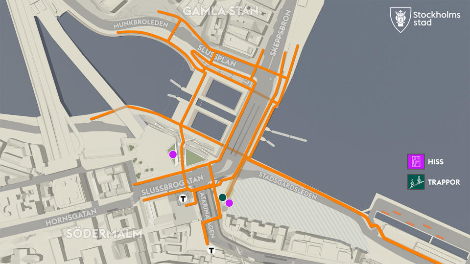 En karta över gångstråken i Slussen. Orange linjer markerar gångbanor. 