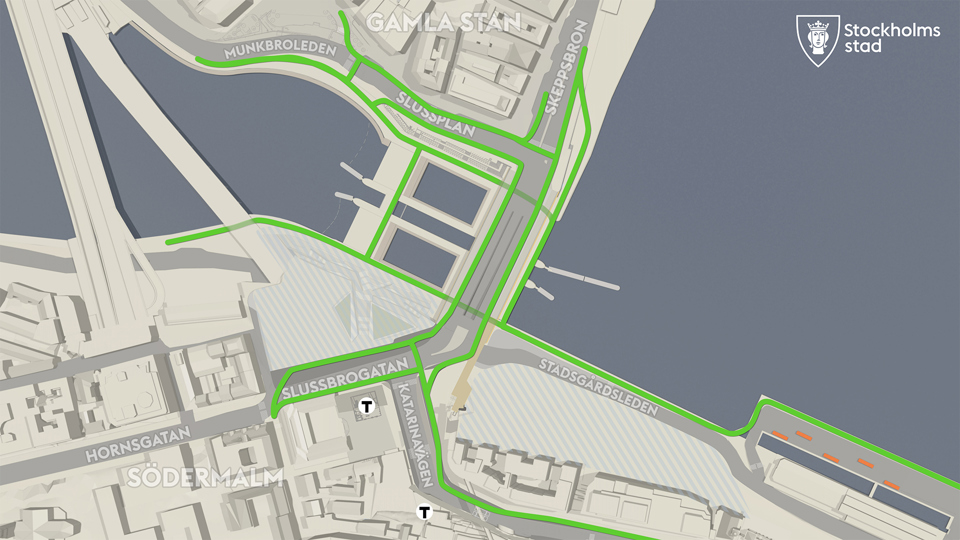 Karta över cykelvägar vid Slussen. Grön linje markerar cykelvägarna.