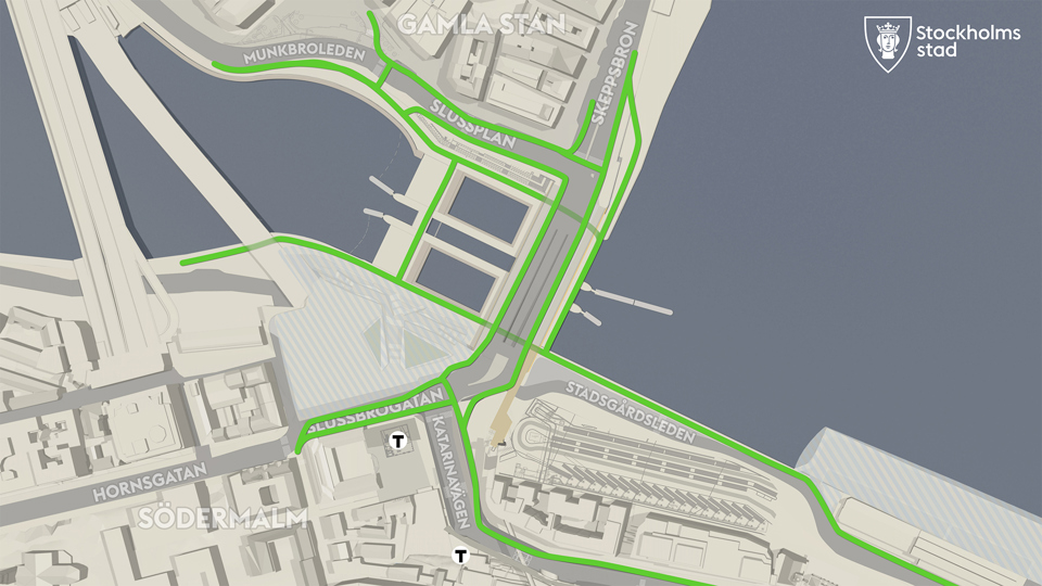 Karta över Slussenområdet och nya cykelvägar, markerade med grön linje.